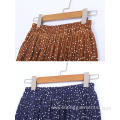 Printed Polka Dot Elastic Polyester Pleated Long Skirt